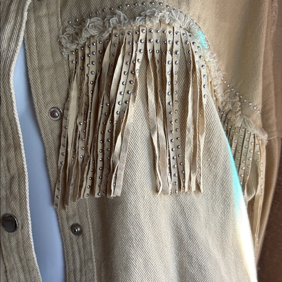Fringe Trim Jean Jacket in Light Beige with fringe in front and back. - Picture 3 of 6